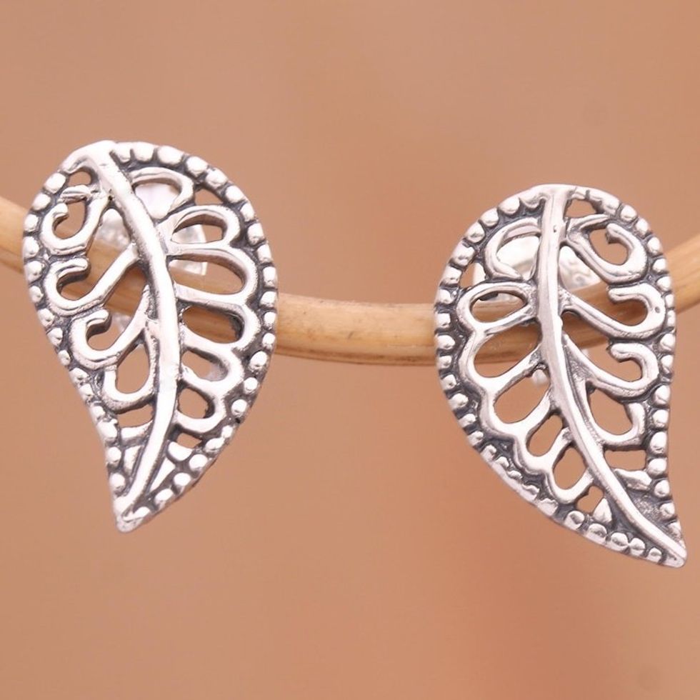 Balinese Leaf Shaped Sterling Silver Drop Earrings 'Leafy Wonder'