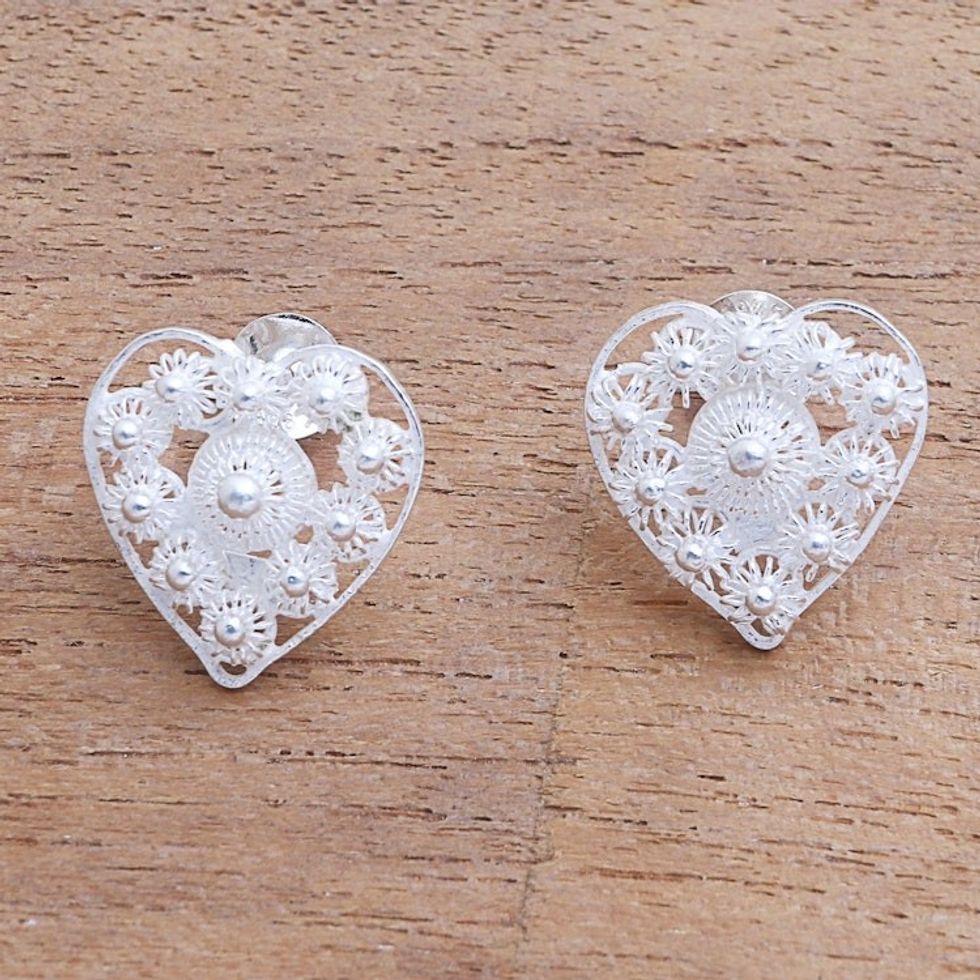 Star Pattern Sterling Silver Heart Earrings from Java 'Stars in the Heart'