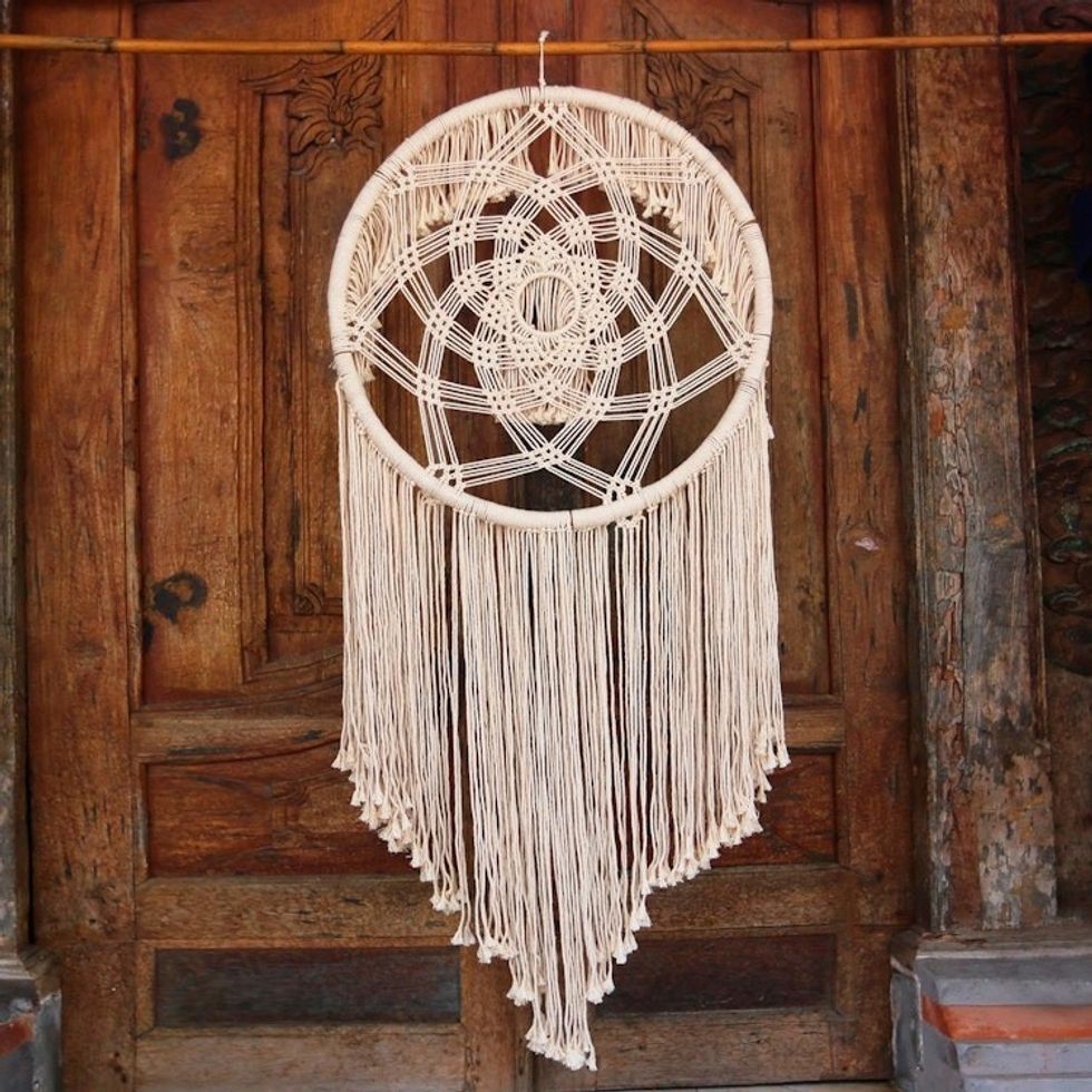 Circular Cotton Wall Hanging in Antique White from Bali 'Dream Knot'