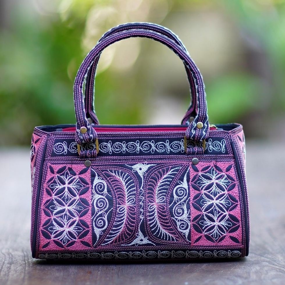 Embroidered Cotton Handle Handbag in Carnation and Ivory 'Carnation Crescents'