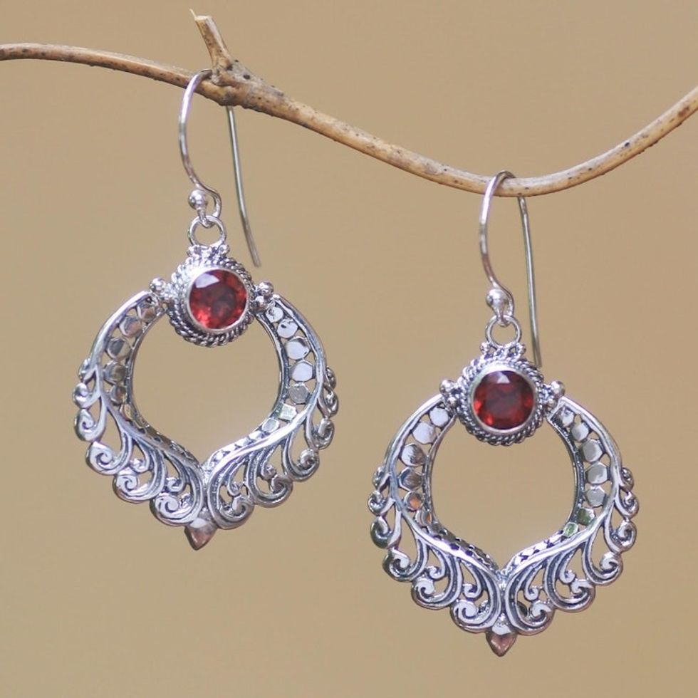 Curl Motif Garnet Dangle Earrings Crafted in Bali 'Garden Gate'
