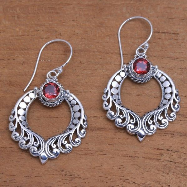 Alternate image for Curl Motif Garnet Dangle Earrings Crafted in Bali Garden Gate