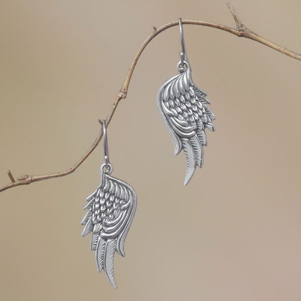 Alternate image for Sterling Silver Feathered Wings Dangle Earrings Liberty Wings