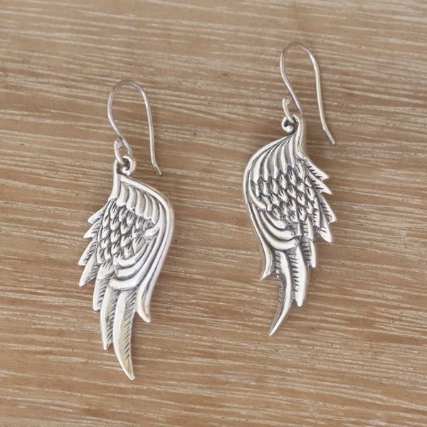 Alternate image for Sterling Silver Feathered Wings Dangle Earrings Liberty Wings