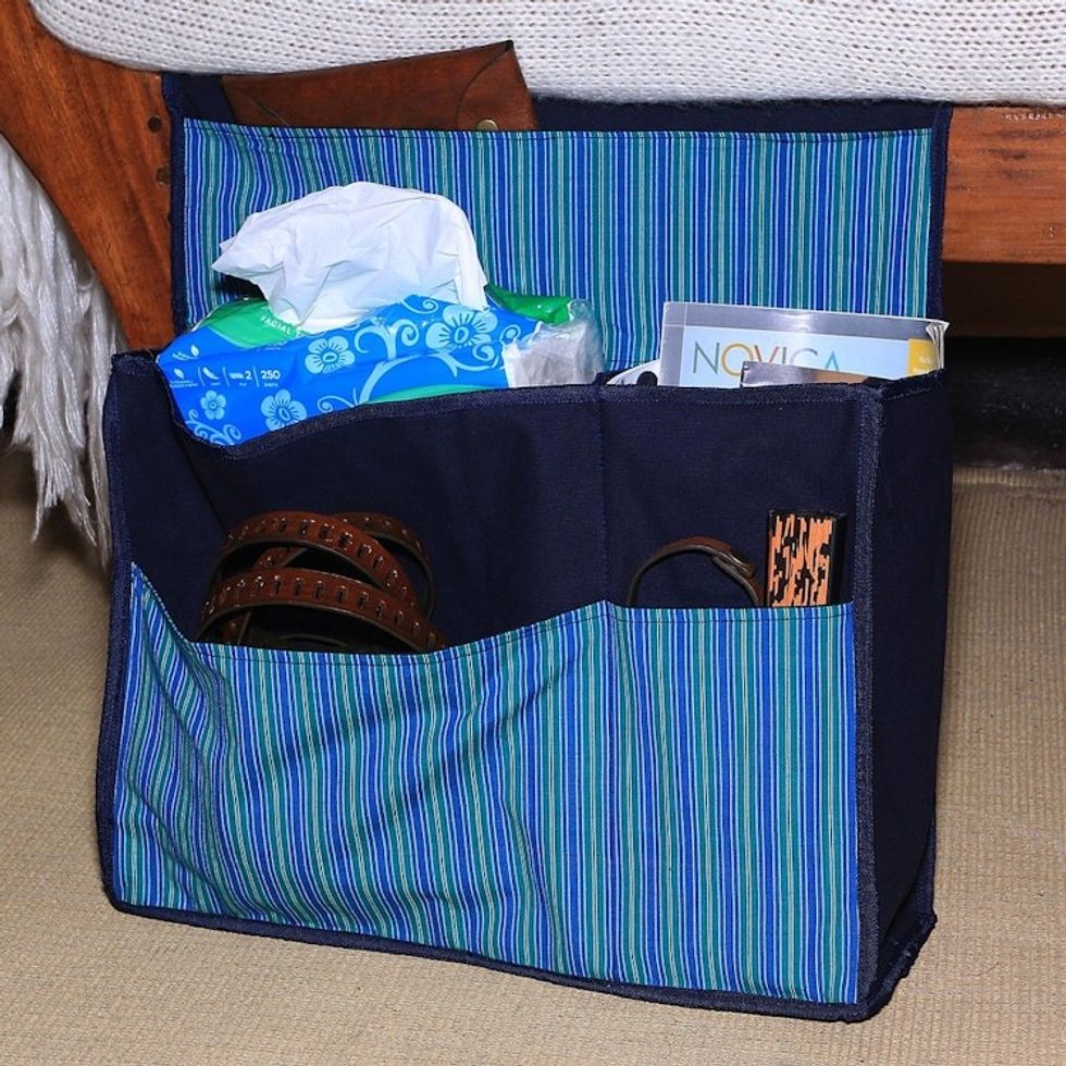 Hand Woven Navy Striped Cotton Organizer Bag with Pockets 'Lurik Dreams Navy'
