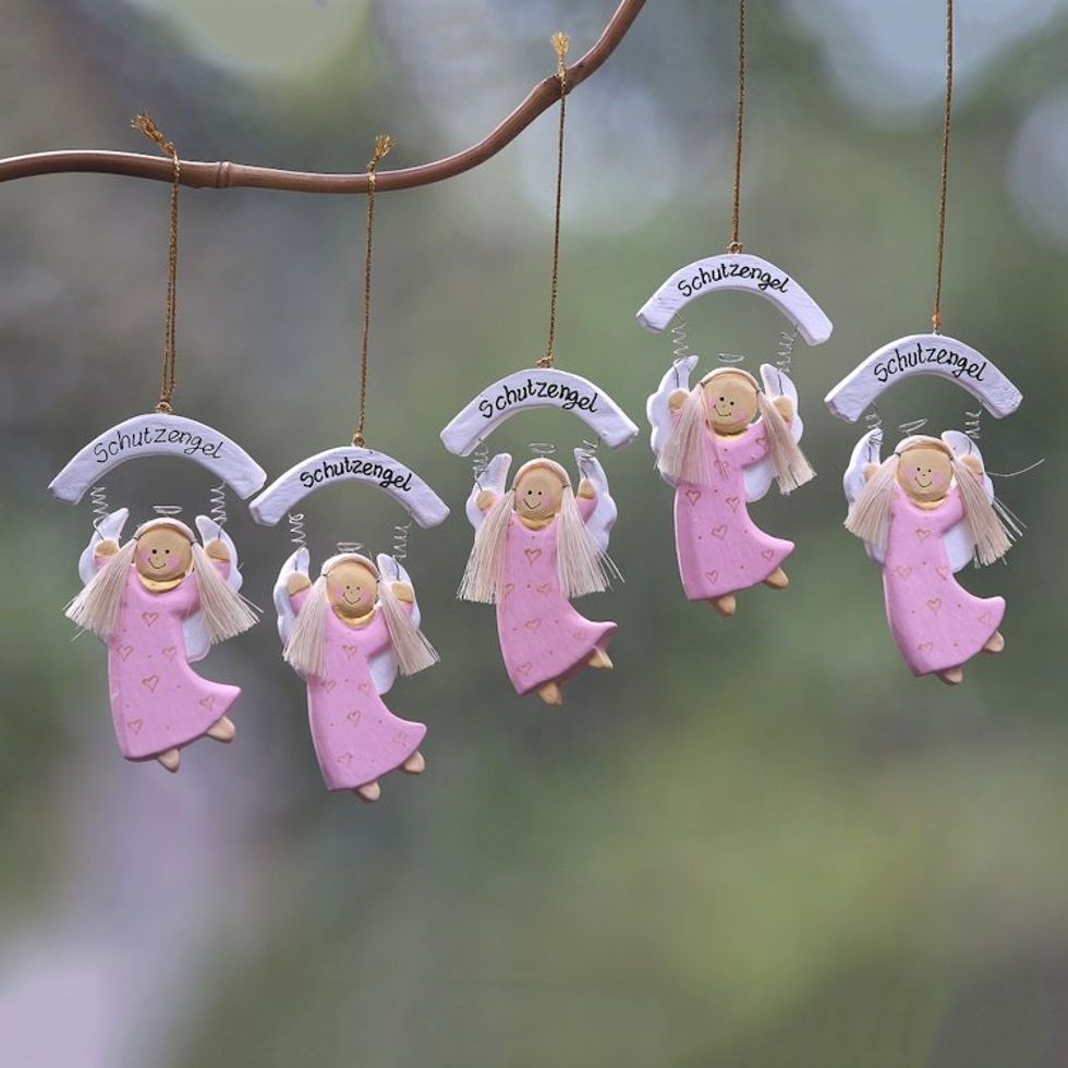 Pink Wood Guardian Angel Ornaments from Bali Set of 5 'Schutzengel in Pink'