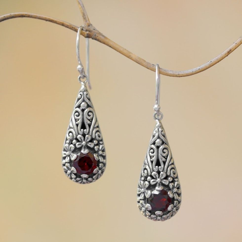 Sterling Silver and Garnet Balinese Plumeria Dangle Earrings 'Hopeful Swirls'