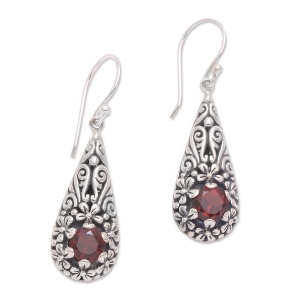 Alternate image for Sterling Silver and Garnet Balinese Plumeria Dangle Earrings Hopeful Swirls