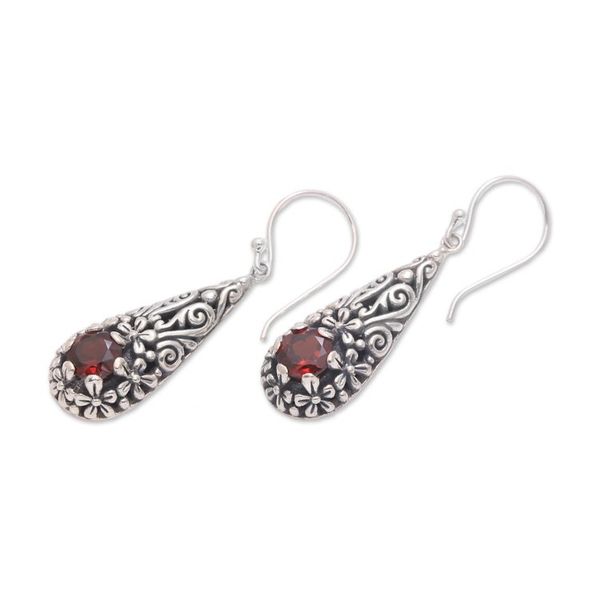 Alternate image for Sterling Silver and Garnet Balinese Plumeria Dangle Earrings Hopeful Swirls