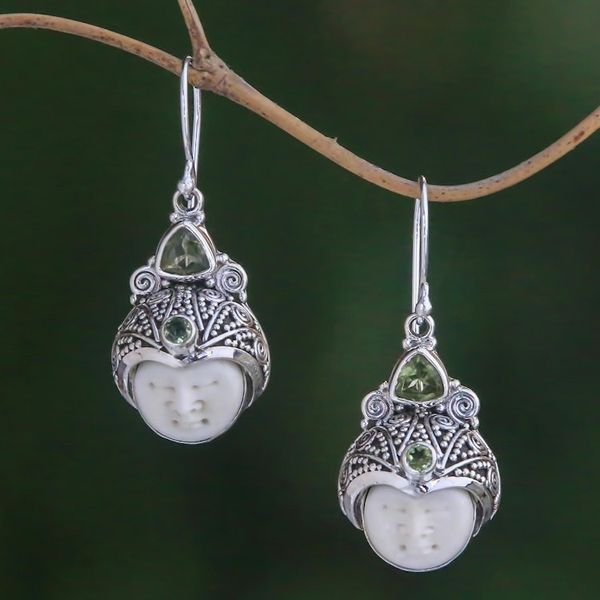 Alternate image for Peridot and Carved Bone Dangle Earrings from Bali Celuk Pangeran