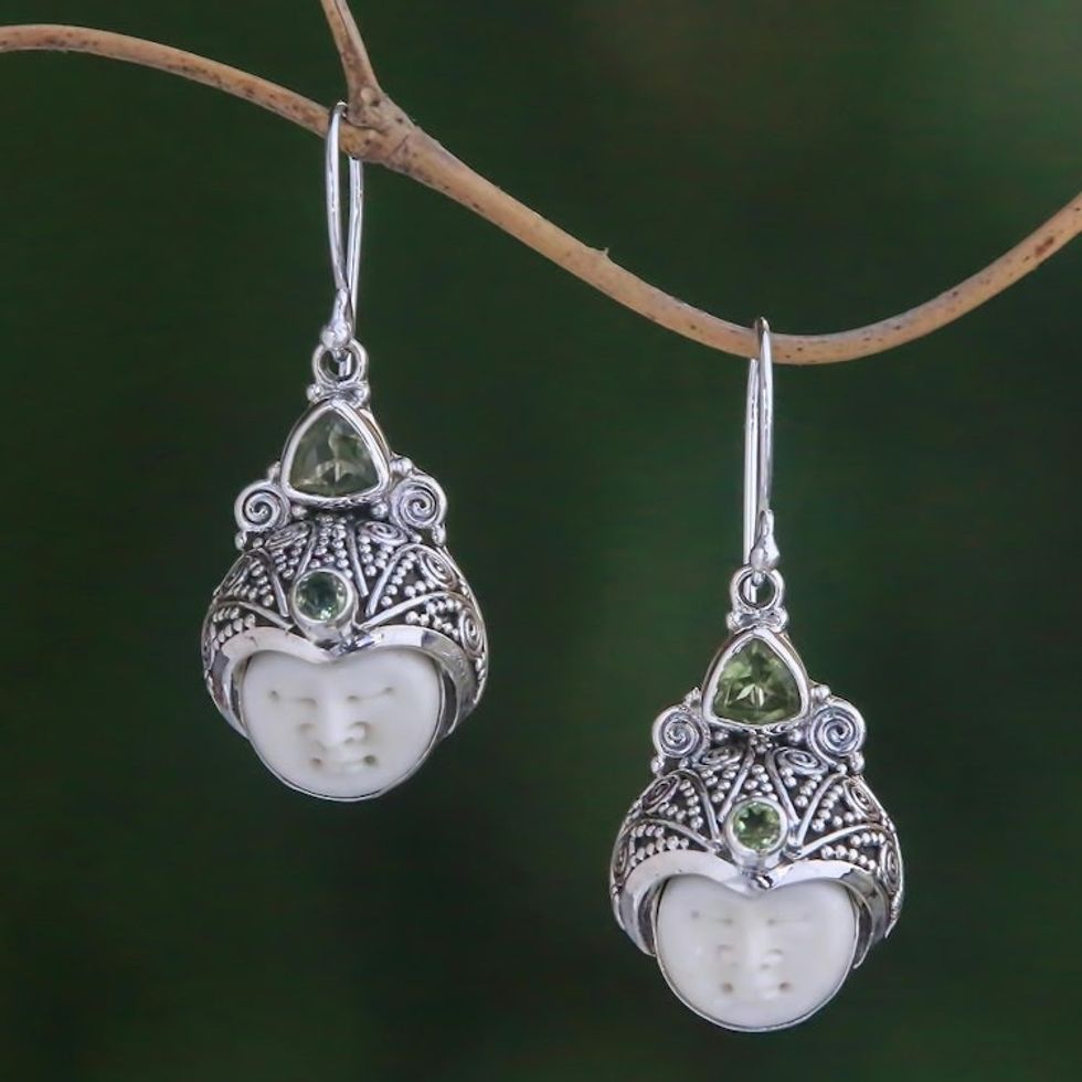 Peridot and Carved Bone Dangle Earrings from Bali 'Celuk Pangeran'
