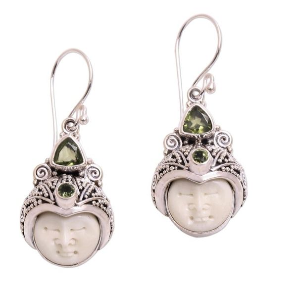 Alternate image for Peridot and Carved Bone Dangle Earrings from Bali Celuk Pangeran