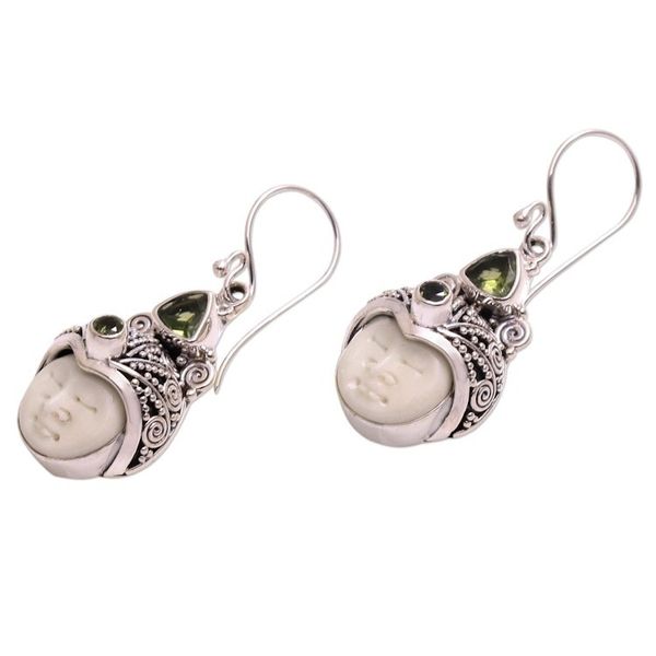 Alternate image for Peridot and Carved Bone Dangle Earrings from Bali Celuk Pangeran