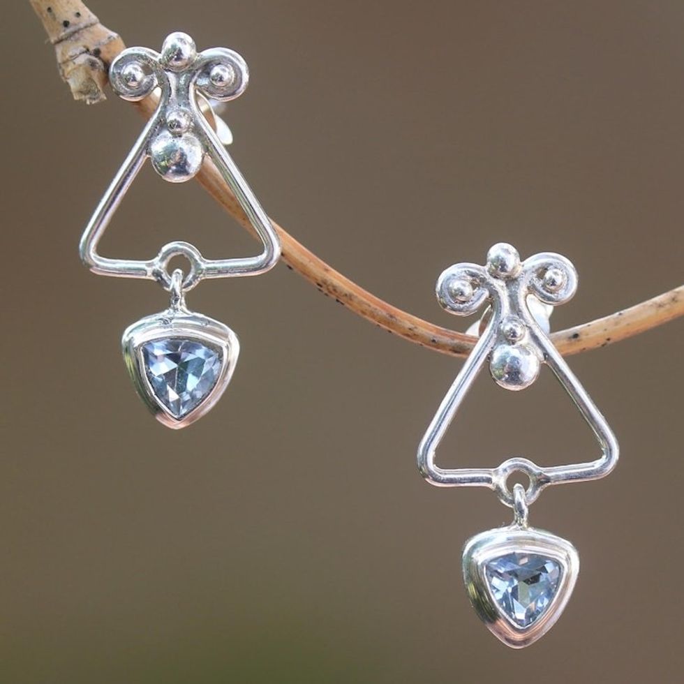 Triangular Blue Topaz Dangle Earrings from Bali 'Triangle Dew'