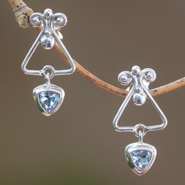 Alternate image for Triangular Blue Topaz Dangle Earrings from Bali Triangle Dew