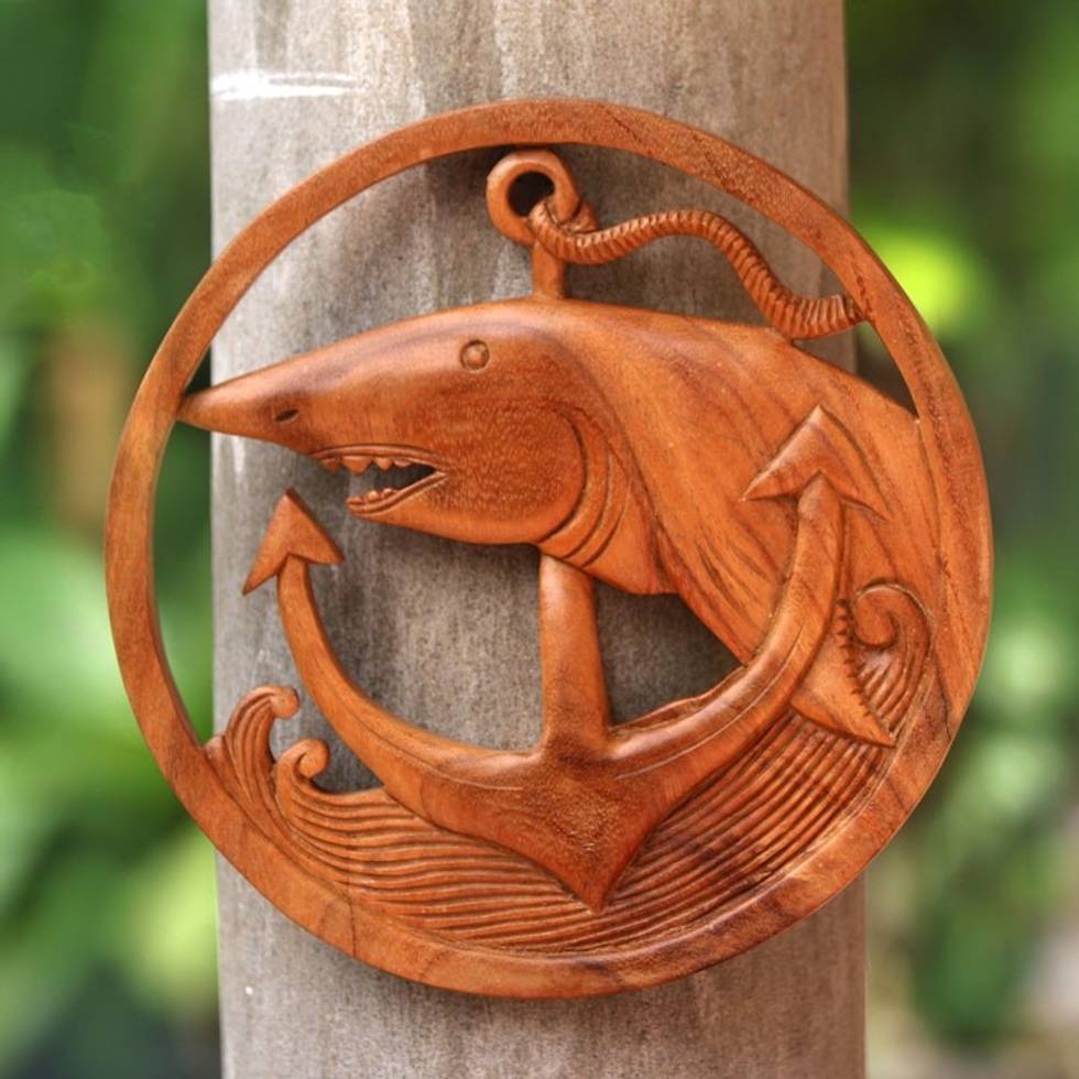 Nautical Shark-Themed Wood Relief Panel from Bali 'Anchor Shark'