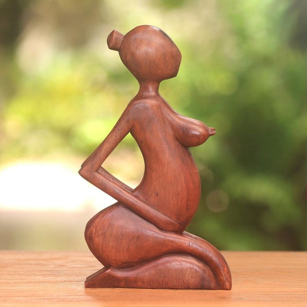 Hand-Carved Maternity-Themed Wood Sculpture from Bali 'Maternal Mother'