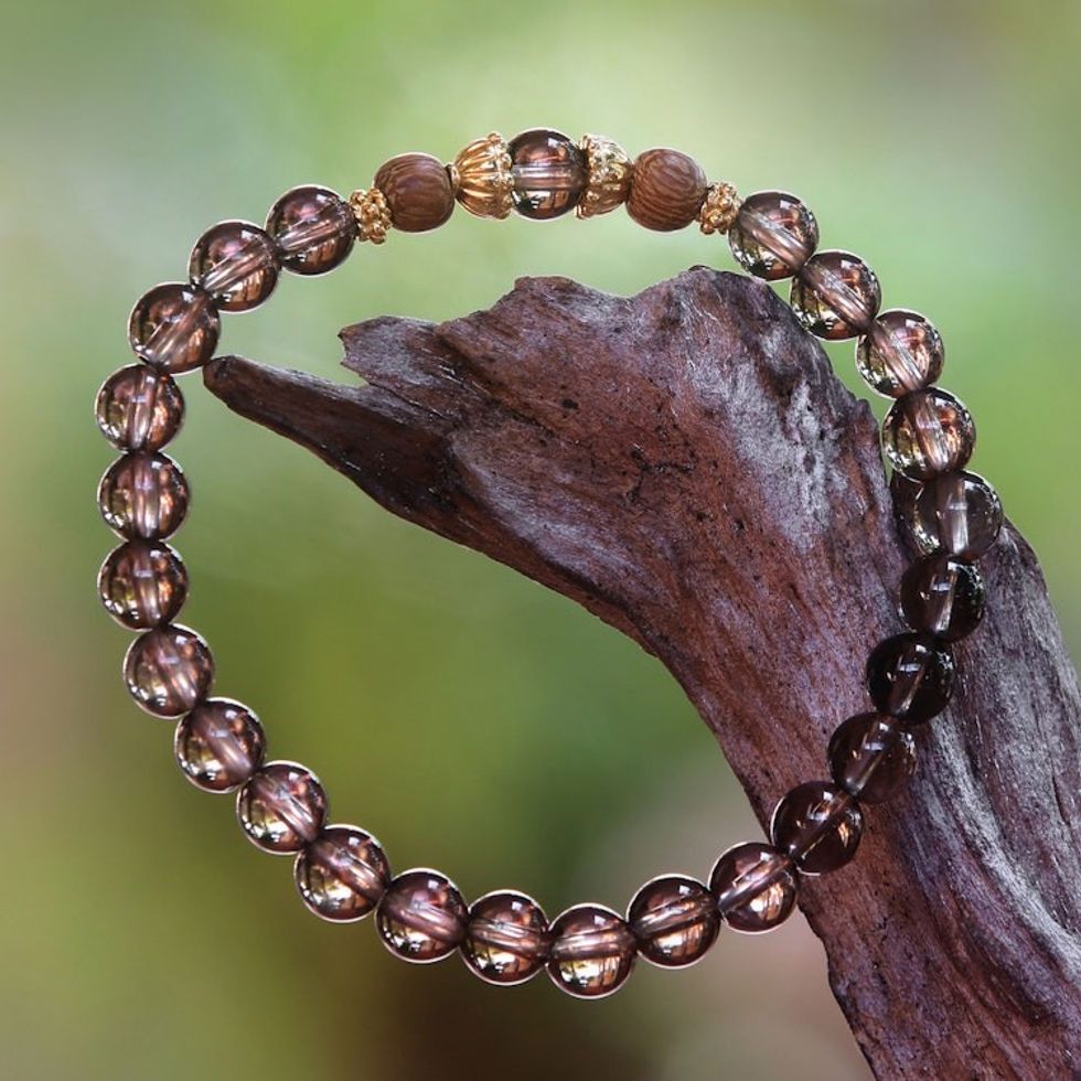 Smoky Quartz Beaded Stretch Bracelet with Wood Accents 'Batuan Tune'