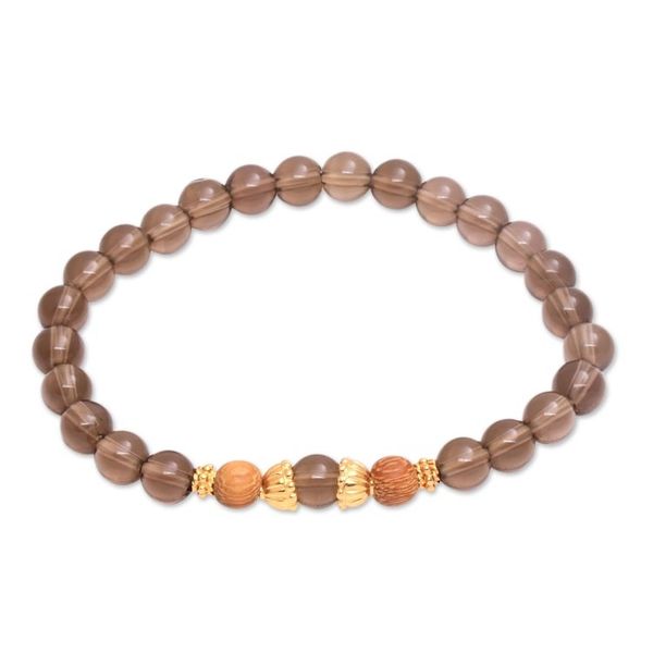 Alternate image for Smoky Quartz Beaded Stretch Bracelet with Wood Accents Batuan Tune