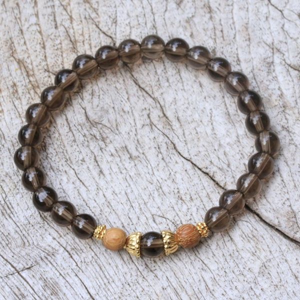 Alternate image for Smoky Quartz Beaded Stretch Bracelet with Wood Accents Batuan Tune