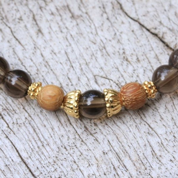 Alternate image for Smoky Quartz Beaded Stretch Bracelet with Wood Accents Batuan Tune