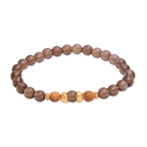 Alternate image for Smoky Quartz Beaded Stretch Bracelet with Wood Accents Batuan Tune