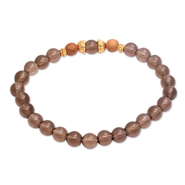 Alternate image for Smoky Quartz Beaded Stretch Bracelet with Wood Accents Batuan Tune