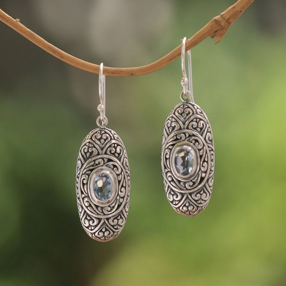 Blue Topaz and Sterling Silver Dangle Earrings from Bali 'My Protector in Blue'