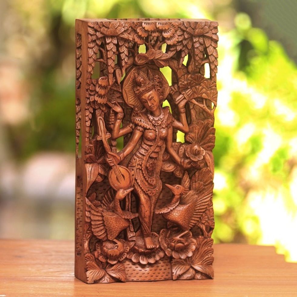 Suar Wood Relief Panel of Hindu God Saraswati from Indonesia 'Sarasvati'