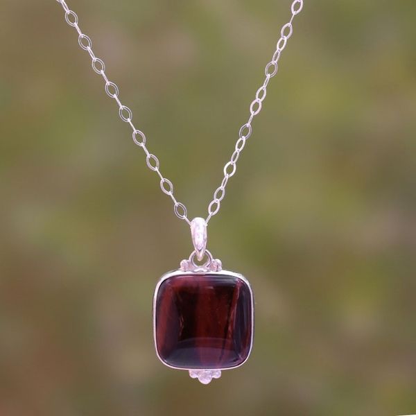 Alternate image for Square Red Tigers Eye Pendant Necklace from Bali Red Square