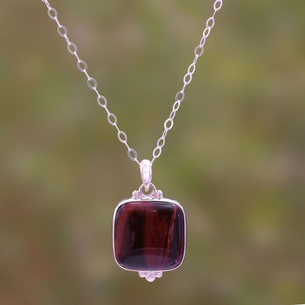 Square Red Tiger's Eye Pendant Necklace from Bali 'Red Square'