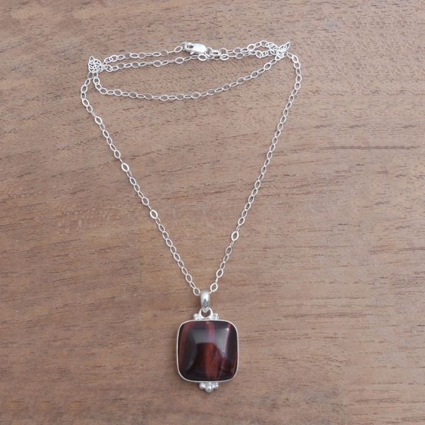 Alternate image for Square Red Tigers Eye Pendant Necklace from Bali Red Square
