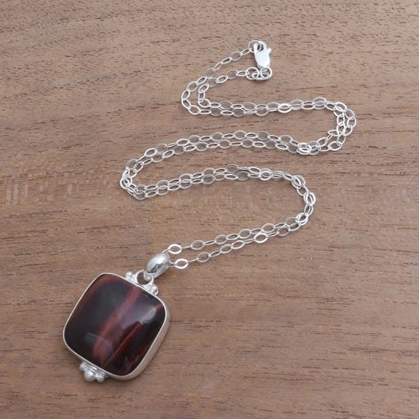 Alternate image for Square Red Tigers Eye Pendant Necklace from Bali Red Square
