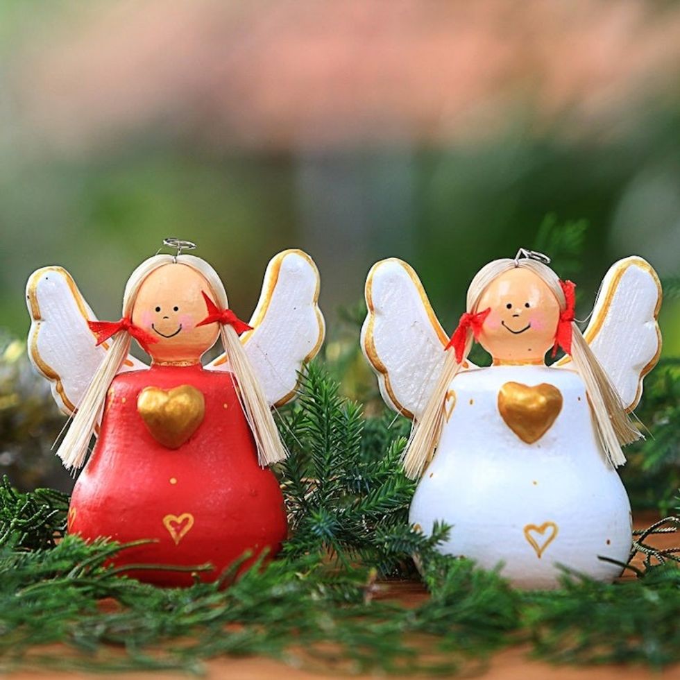 Red and White Wood Angel Statuettes from Bali Pair 'Heart Angels'