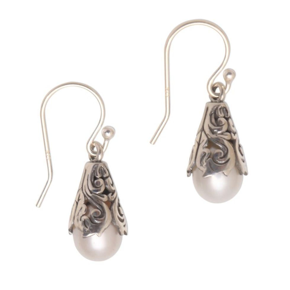 White Cultured Pearl Dangle Earrings from Bali 'Little Trumpets in White'