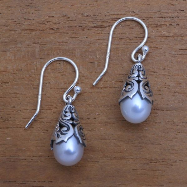 Alternate image for White Cultured Pearl Dangle Earrings from Bali Little Trumpets in White