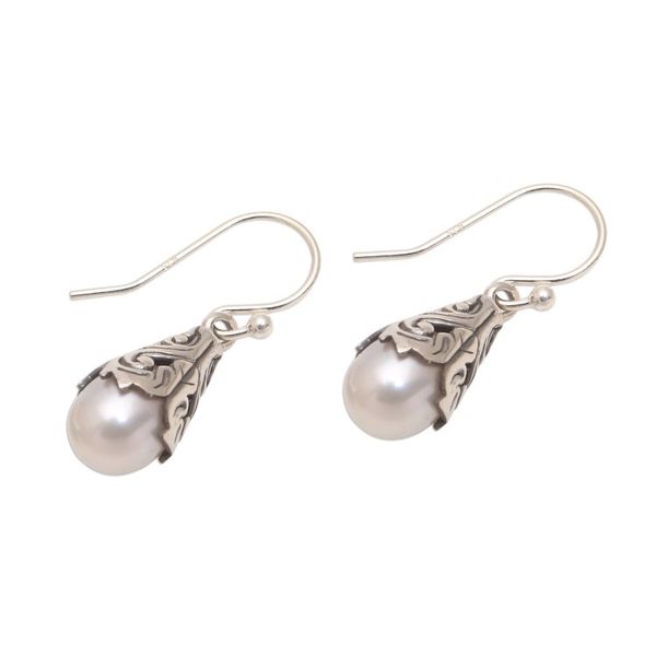 Alternate image for White Cultured Pearl Dangle Earrings from Bali Little Trumpets in White