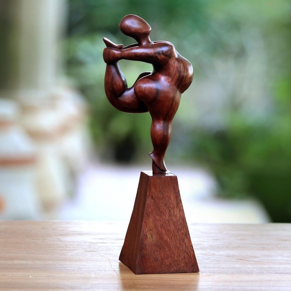 Hand-Carved Suar Wood Female Form Sculpture from Bali 'Leg Stretch'