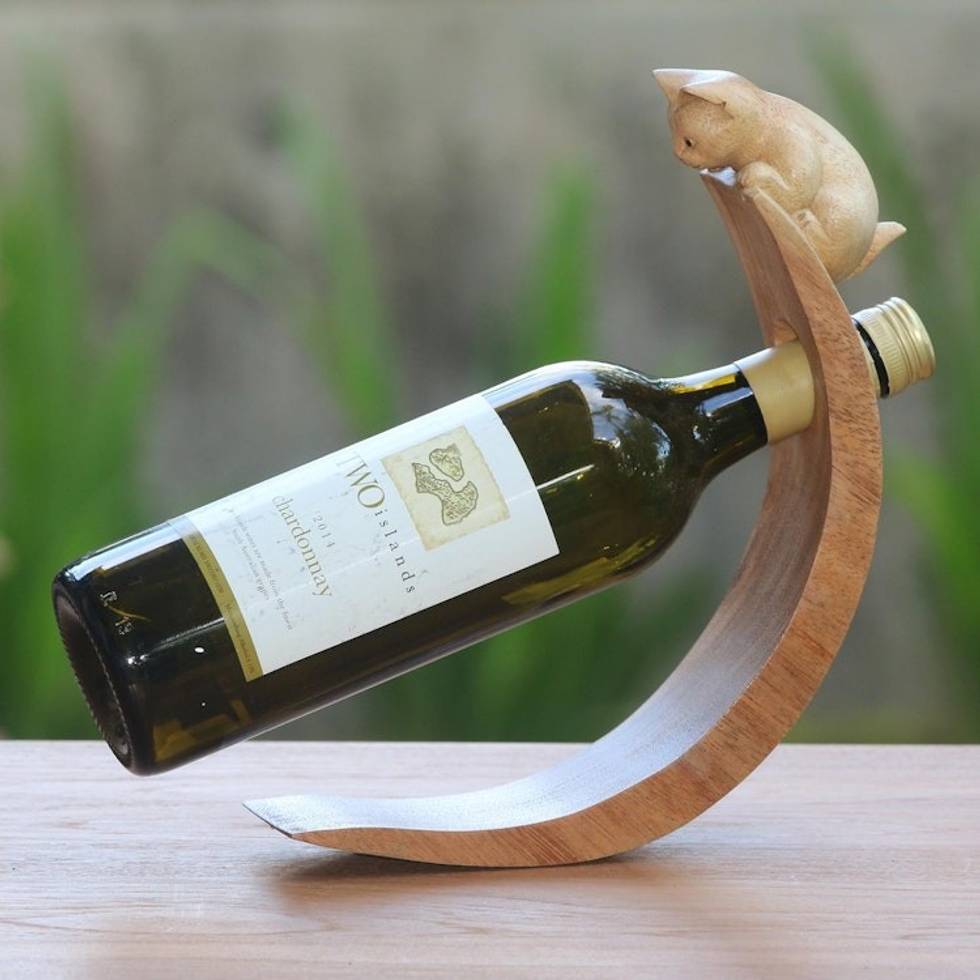 Handcrafted Suar Wood Cat Bottle Holder in Brown from Bali 'Brown Peeking Kitten'