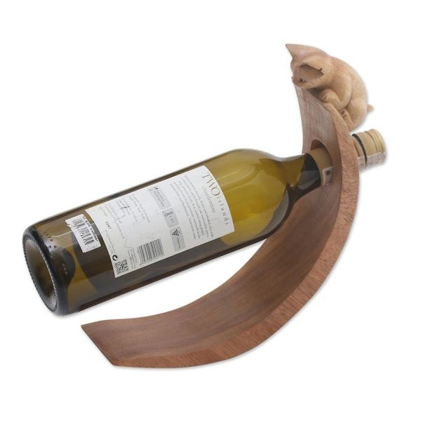 Alternate image for Handcrafted Suar Wood Cat Bottle Holder in Brown from Bali Brown Peeking Kitten