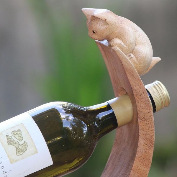 Alternate image for Handcrafted Suar Wood Cat Bottle Holder in Brown from Bali Brown Peeking Kitten