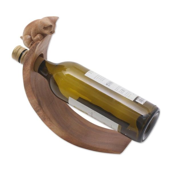 Alternate image for Handcrafted Suar Wood Cat Bottle Holder in Brown from Bali Brown Peeking Kitten