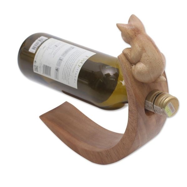 Alternate image for Handcrafted Suar Wood Cat Bottle Holder in Brown from Bali Brown Peeking Kitten