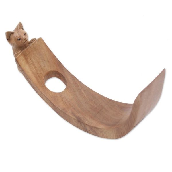Alternate image for Handcrafted Suar Wood Cat Bottle Holder in Brown from Bali Brown Peeking Kitten