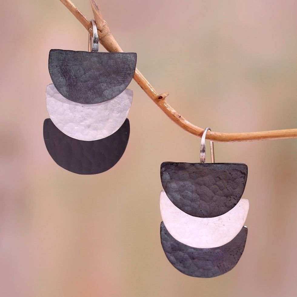 Semicircular Sterling Silver and Dark Copper Dangle Earrings 'Dark Modern Sunset'