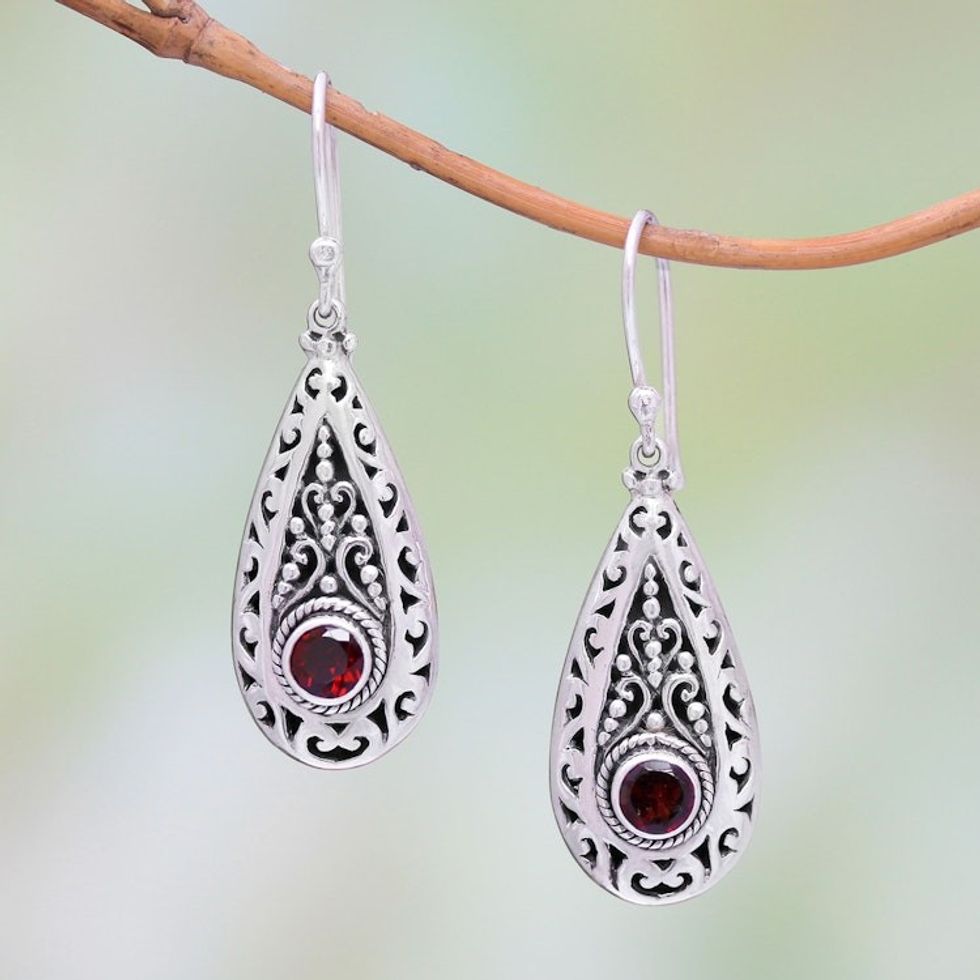 Garnet and Sterling Silver Teardrop Dangle Earrings 'Ornamental Fire'