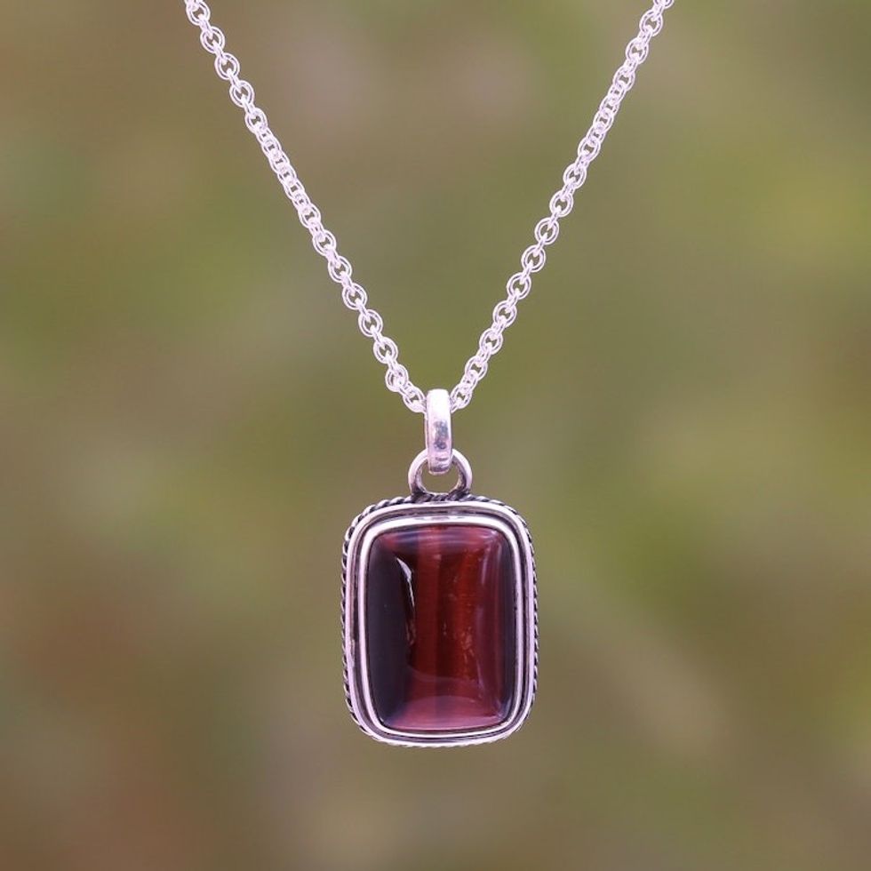 Rectangular Red Tiger's Eye Pendant Necklace from Bali 'Red Rectangle'