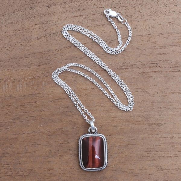 Alternate image for Rectangular Red Tigers Eye Pendant Necklace from Bali Red Rectangle