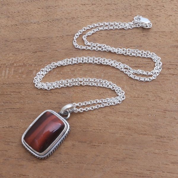 Alternate image for Rectangular Red Tigers Eye Pendant Necklace from Bali Red Rectangle