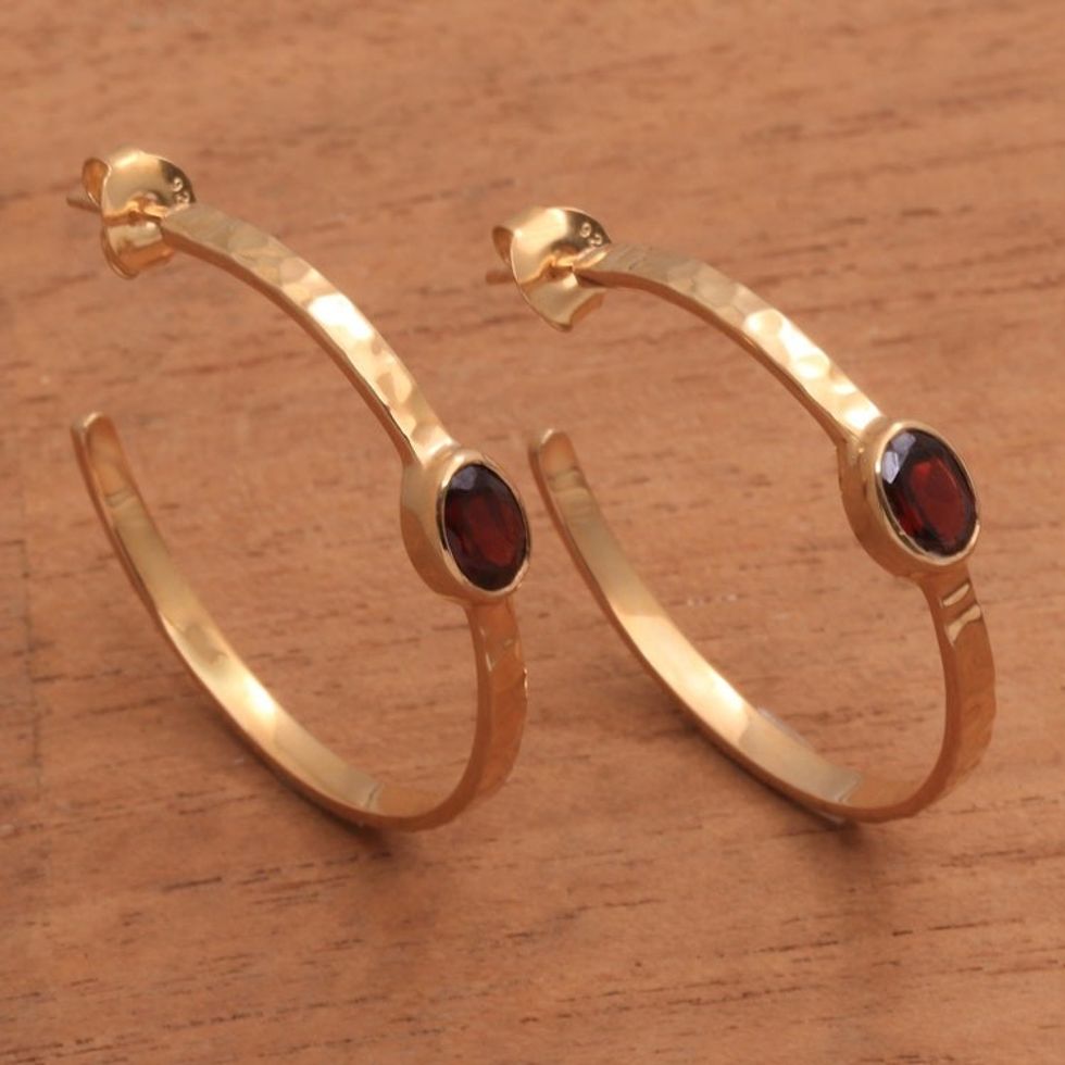 18k Gold Plated Garnet Hammered Half-Hoop Earrings 'Paradox'